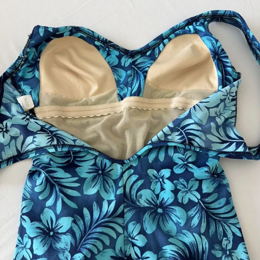 Vtg Maxine of Hollywood Sz 12 Blue Floral One Piece Swimsuit Ruched Tropical 90s